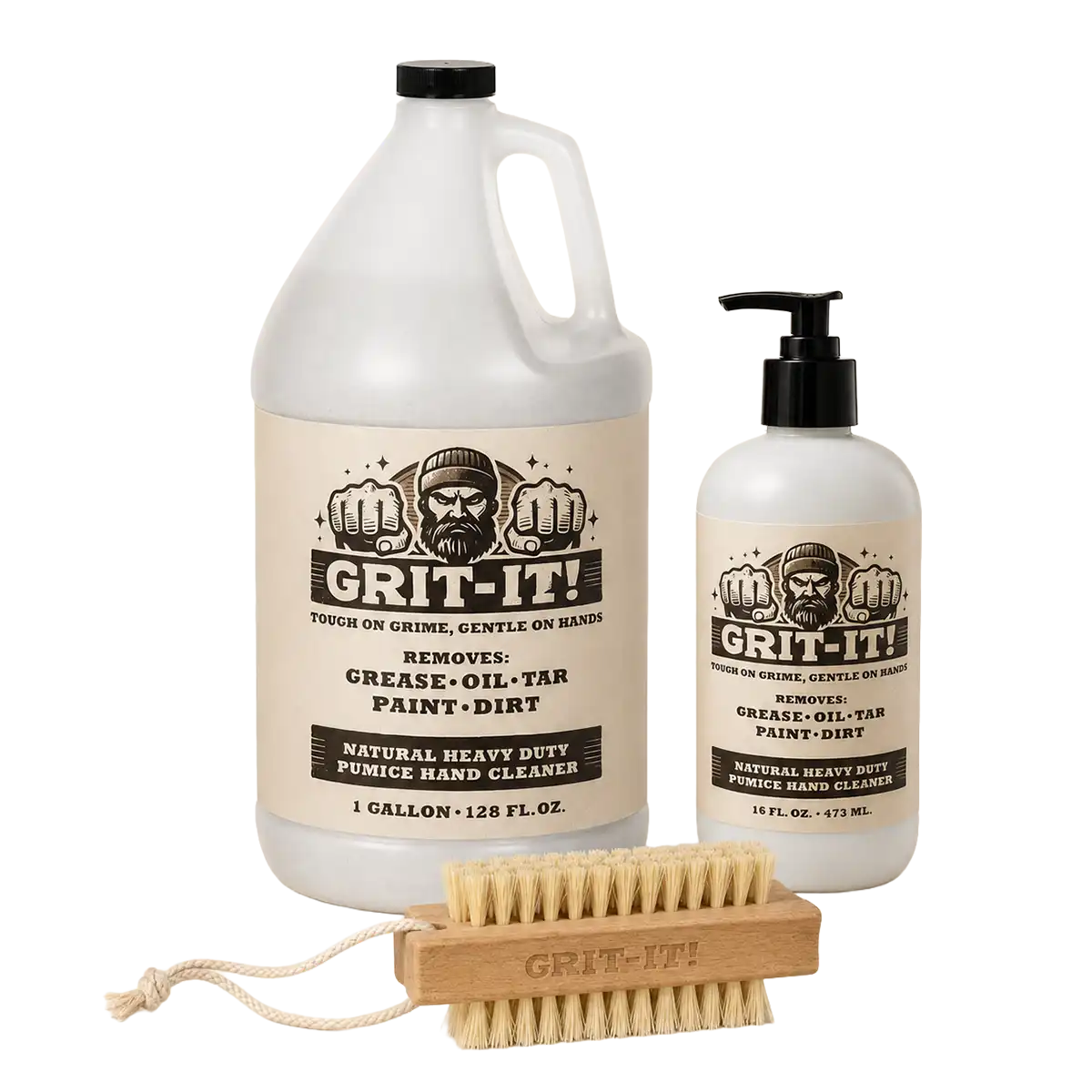 GRIT‑IT! Complete Shop Kit with gallon jug, 16 oz pump bottle and wooden sisal nail brush