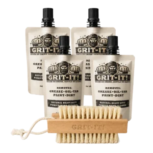 GRIT‑IT! Starter Scrub Kit with four 2 oz pouches and wooden sisal nail brush