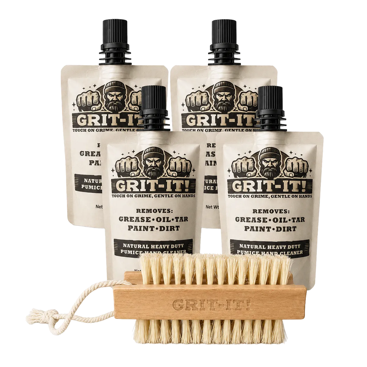 GRIT‑IT! Starter Scrub Kit with four 2 oz pouches and wooden sisal nail brush