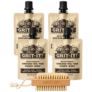 GRIT-IT! Starter Scrub Kit with four 2 oz hand cleaner pouches and a free nail brush