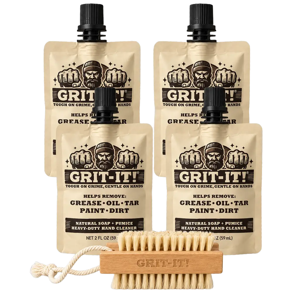 GRIT-IT! Starter Scrub Kit with four 2 oz hand cleaner pouches and a free nail brush