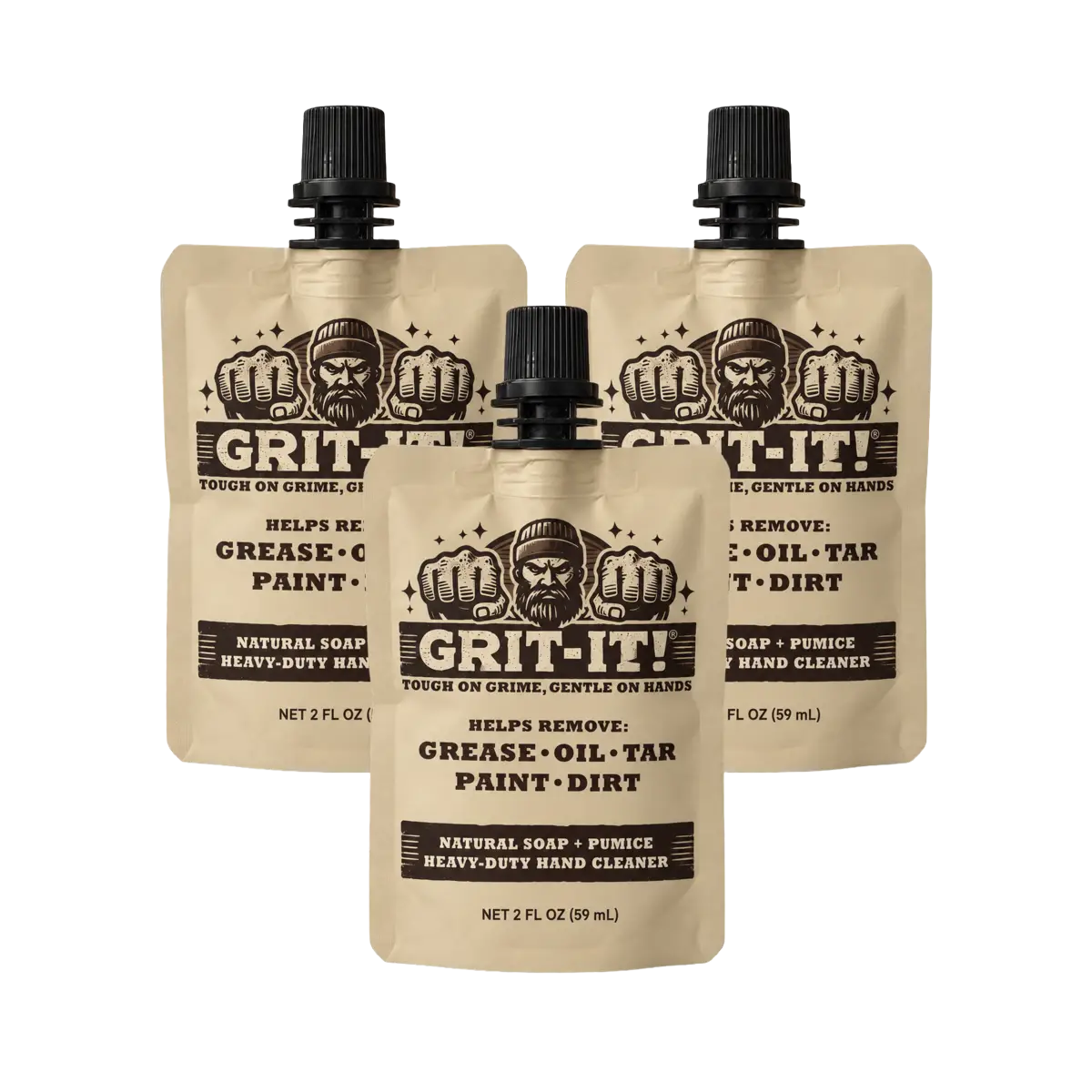 Three GRIT-IT! 2 oz heavy-duty pumice hand cleaner pouches