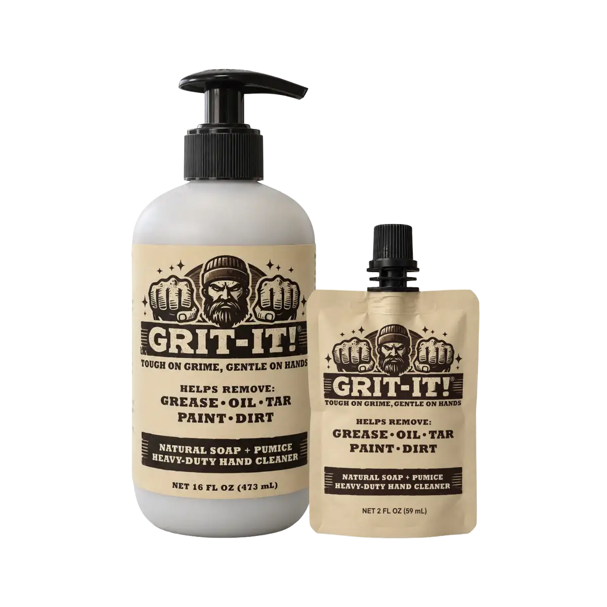 GRIT-IT! Workday Combo with one 16 oz pump bottle and one 2 oz travel pouch