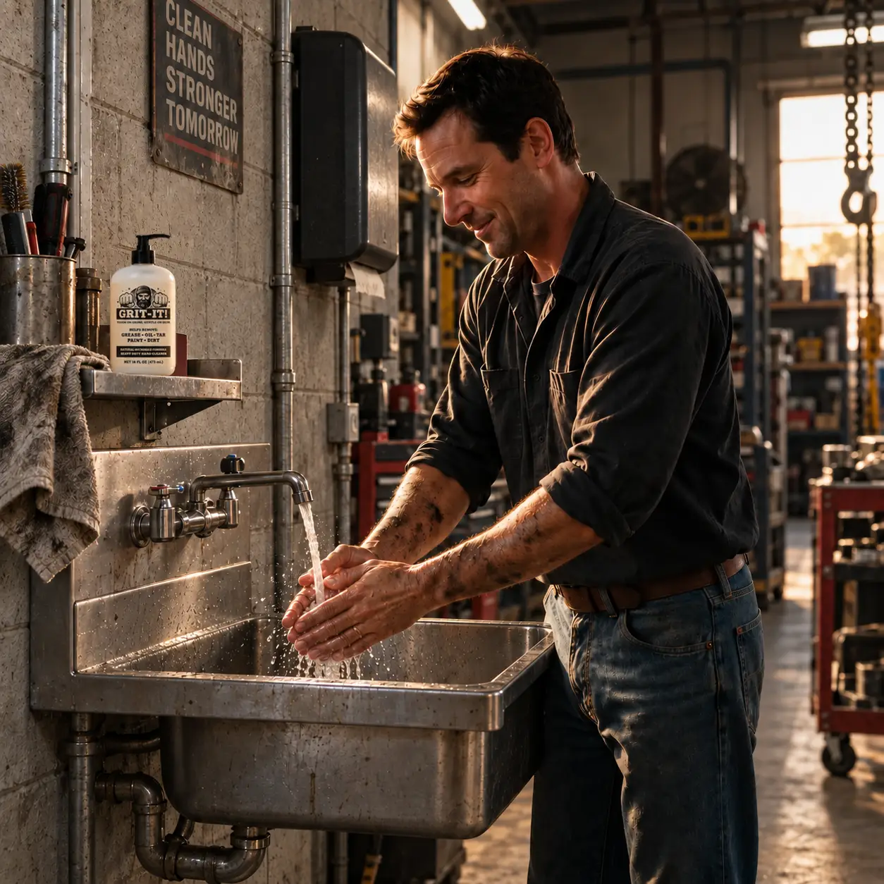 Mechanic washing greasy hands at a workshop sink with GRIT-IT! pumice hand cleaner