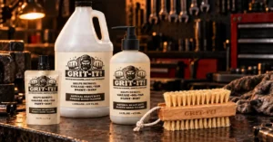 GRIT-IT! pumice hand cleaner lineup with 2 oz pouch, 16 oz pump bottle, gallon jug and sisal nail